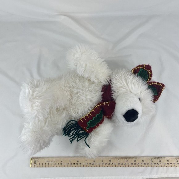 Main Joy Limited White Christmas Teddy bear 15” Plush Scarf & Bow Long Fuzzy Fur - Picture 5 of 7